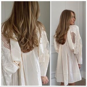 NWT H&M Mini Dress Voluminous Embroidered Detail Long Sleeve Boat Neck Cream